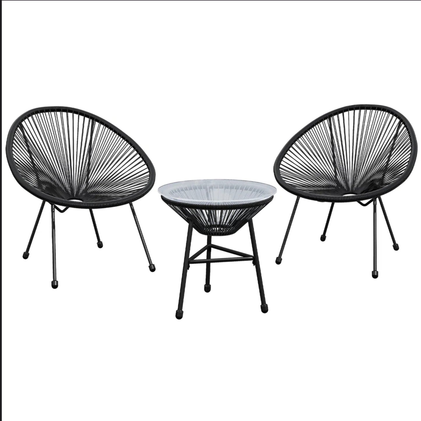 Outdoor Bistro Set PE Rattan Black Tempered Glass Table 3pc