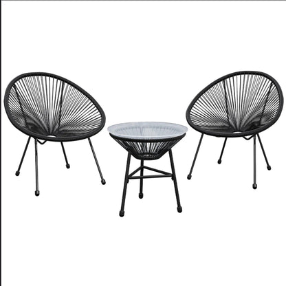 Outdoor Bistro Set PE Rattan Black Tempered Glass Table 3pc