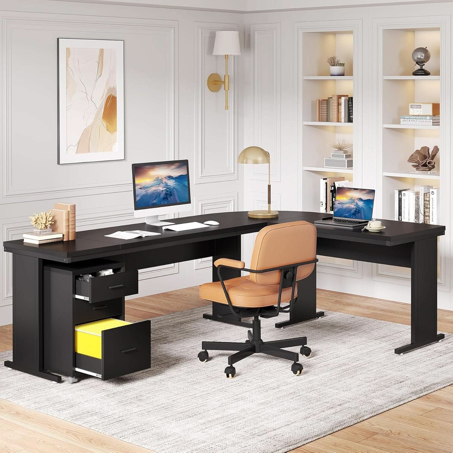 83 Inch L Shaped Executive Desk With 3 Drawer Cabinet