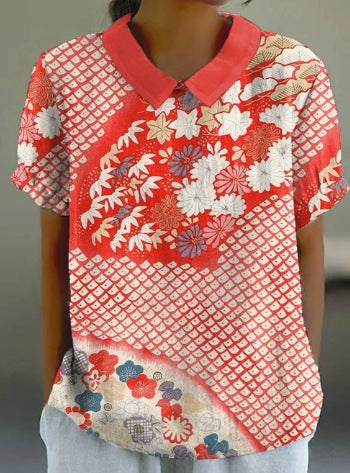 Stylish Digital-print Lapel Short-sleeve Shirt