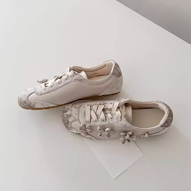 French Velvet Sweet Casual Shoes, Lace Round Toe Flats Sneakers