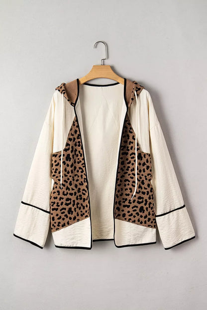 Drawstring Leopard Long Sleeve Hooded Jacket
