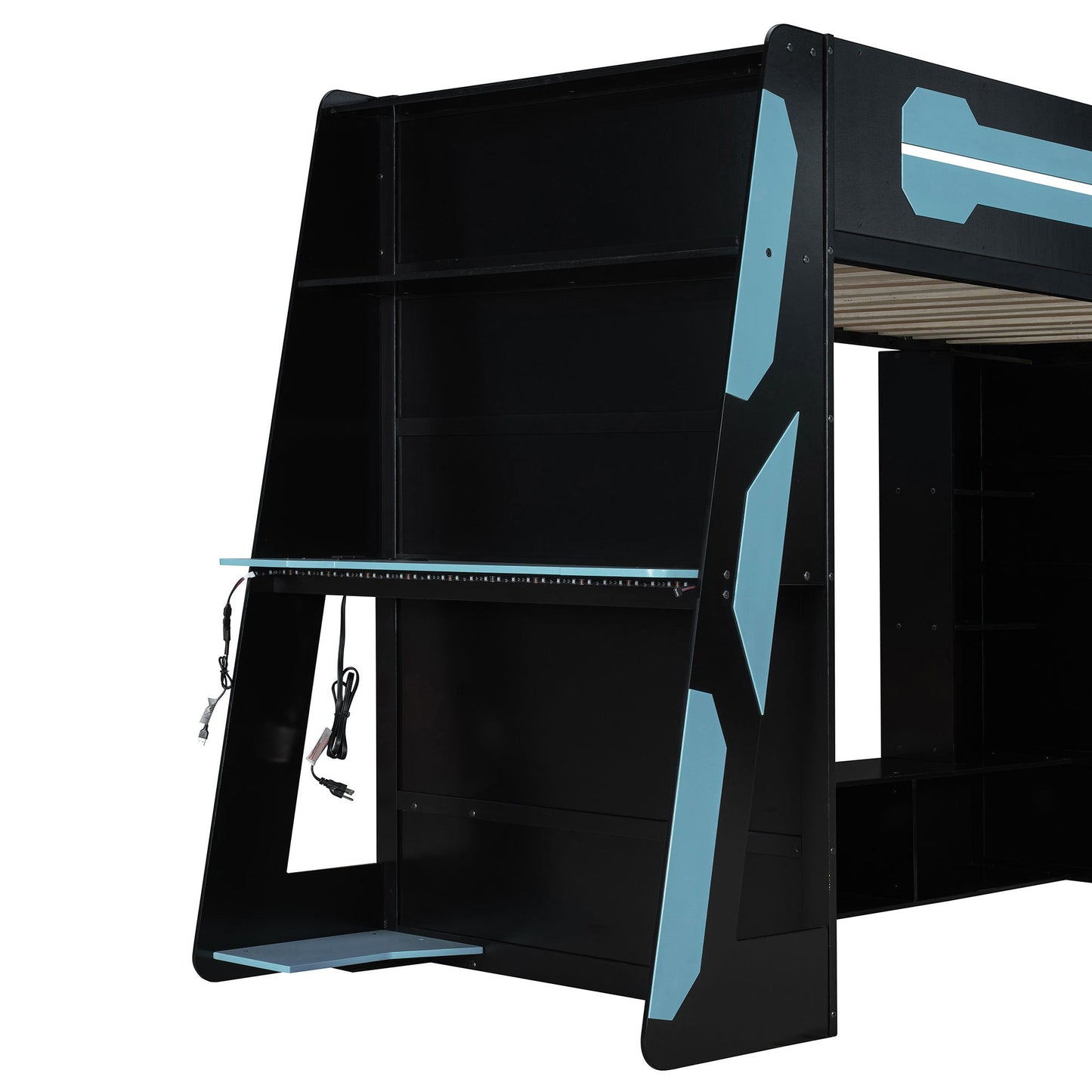 Twin Size Wood Loft Bed with Desk, Multi-storage Shelves and RGB Light, Cloud