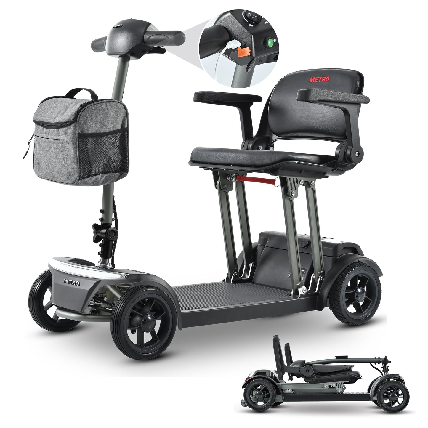 Mobility Scooter Folding Lightweight Metal Gray USB Port Travel Compact