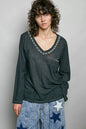 POL Contrast Stitch V-Neck Lightweight Knit Long Sleeve Top