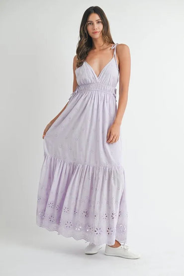 Eyelet Lace Maxi Dress With Side Strap Details – Elegant Fluttering Eyelet Lace Maxi Dress, Modern Side Strap Design, Formal Summer Maxi Dress, Sophisticated Event Dress