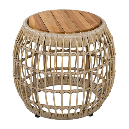 Outdoor Side Table Acacia Wood Wicker Base Round Light Brown 16in 150 LB