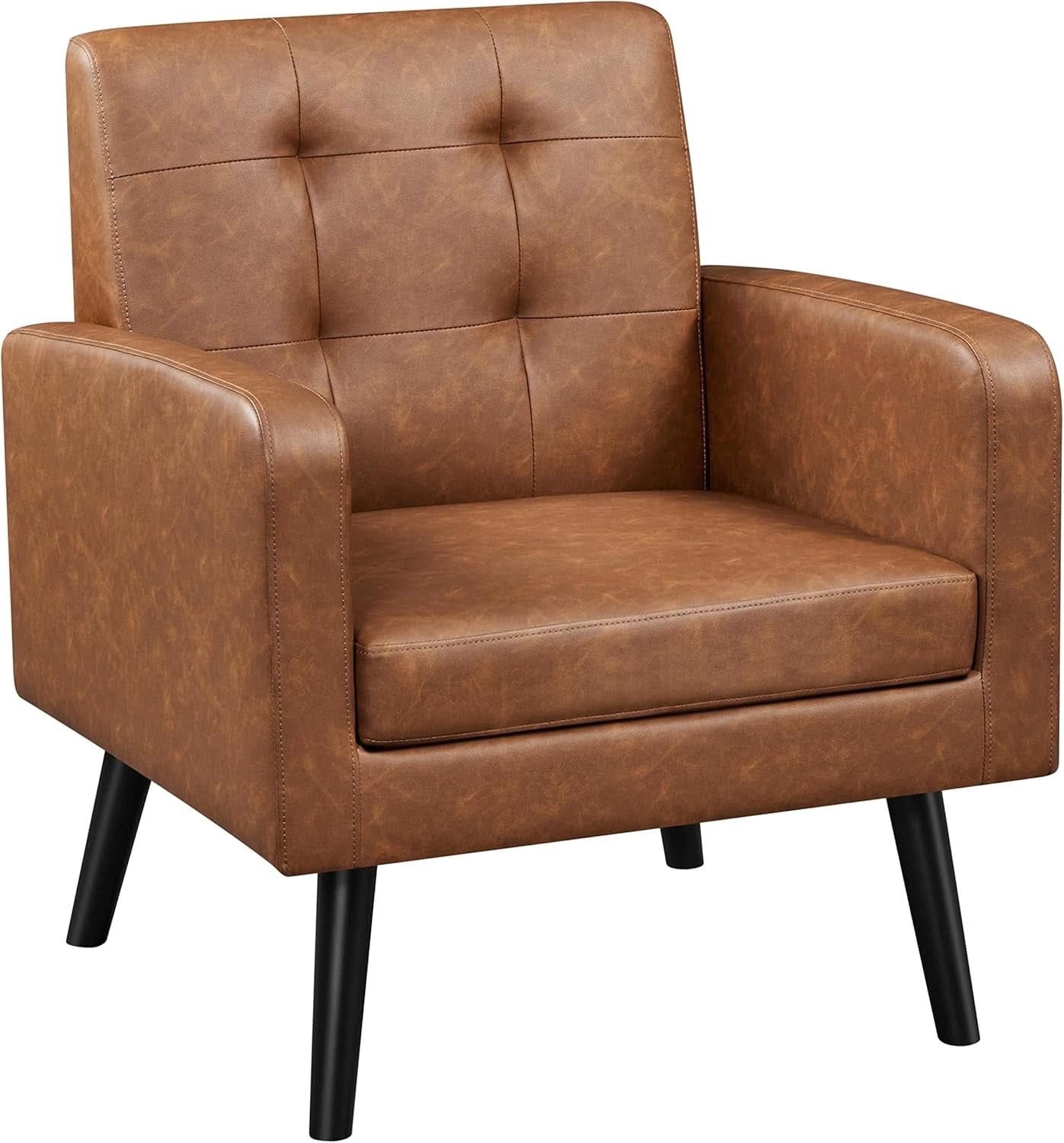 Brown PU Leather Midcentury Upholstered Ergonomic Armchair