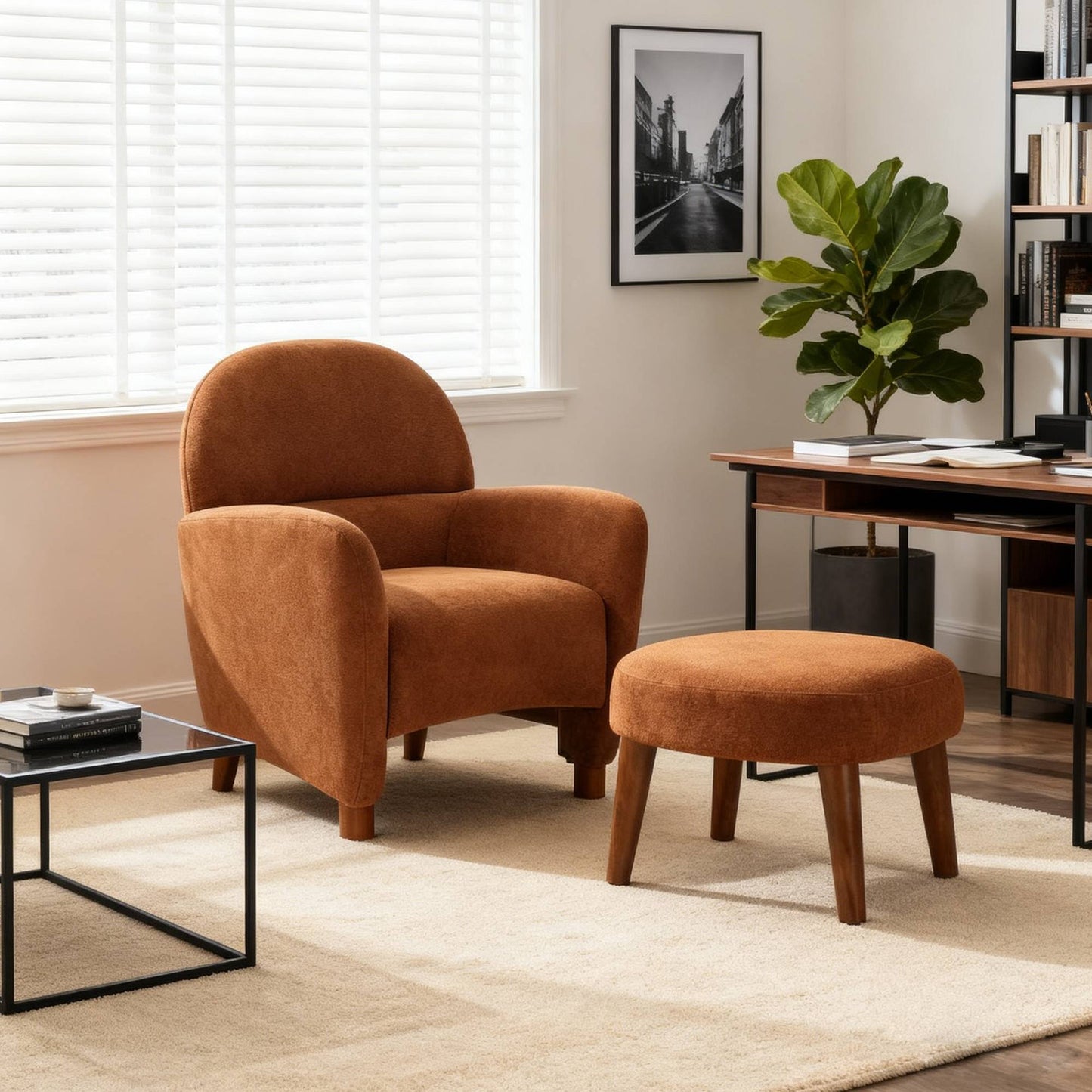 Accent Chair Minimalist Fabric Orange with Ottoman Footrest 30x30x33 In