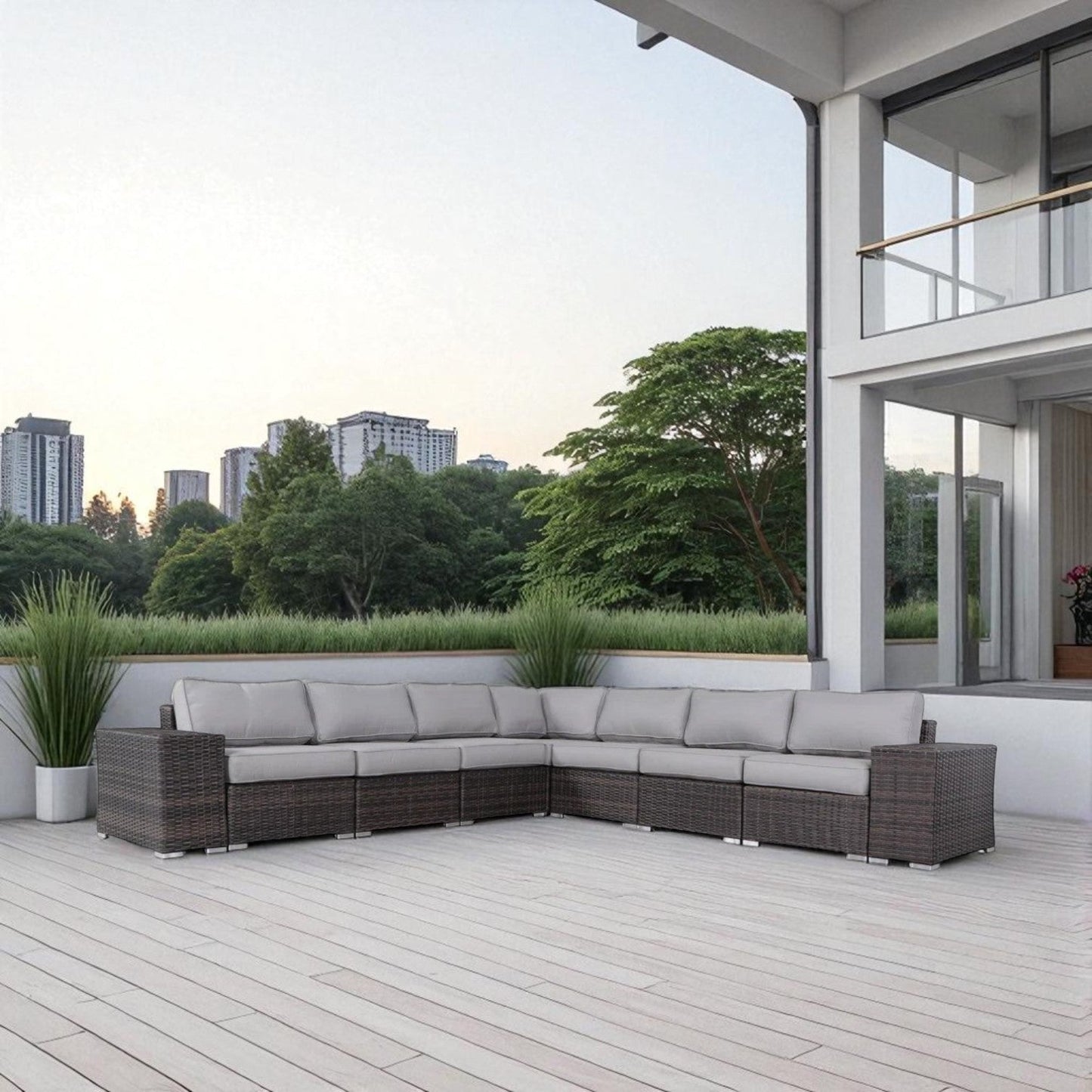 Outdoor Sectional Sofa HDPE Wicker Brown Fully Assembled Seats 6