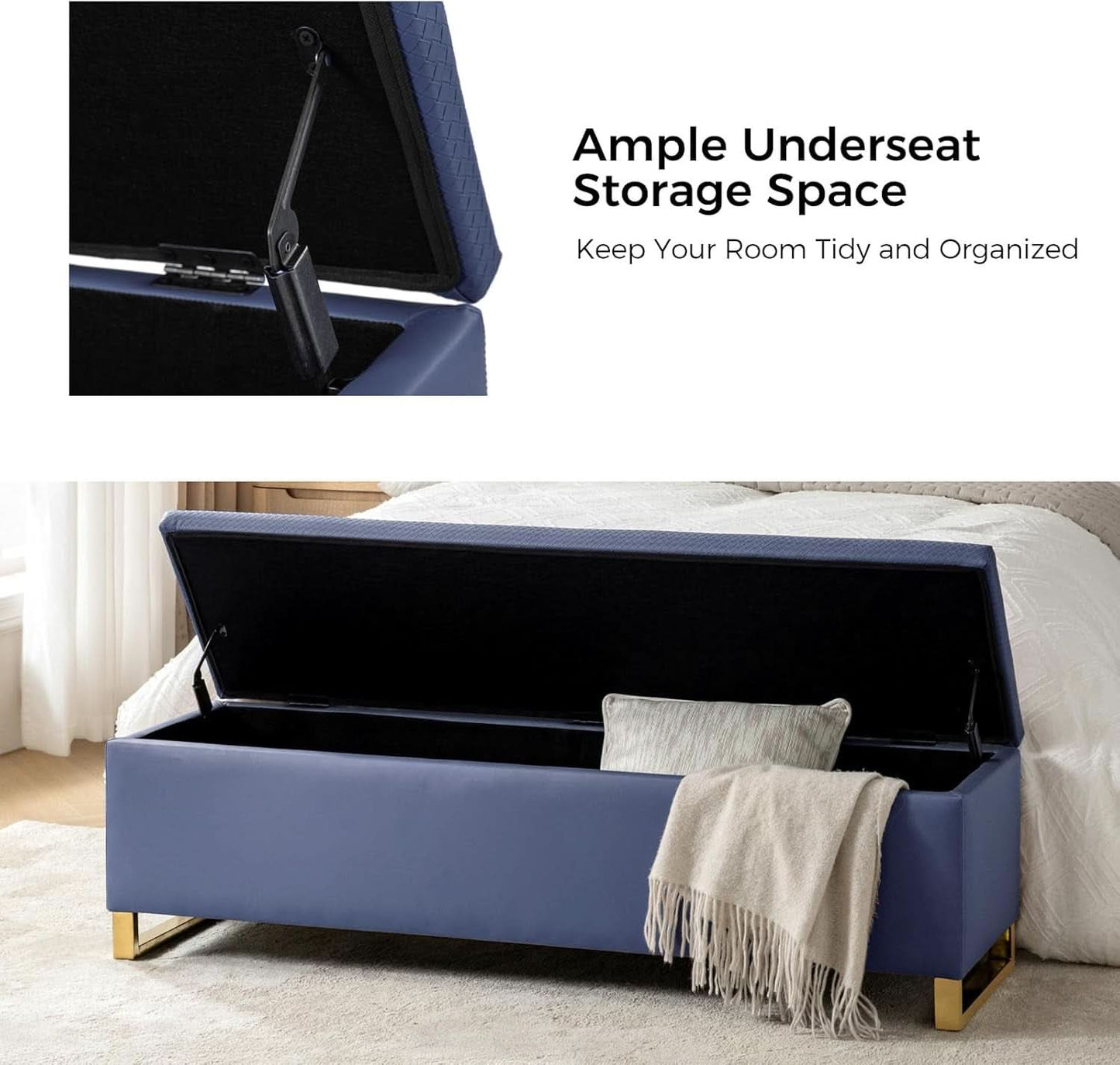 Navy Upholstered Storage Ottoman Bench With Hideaway
