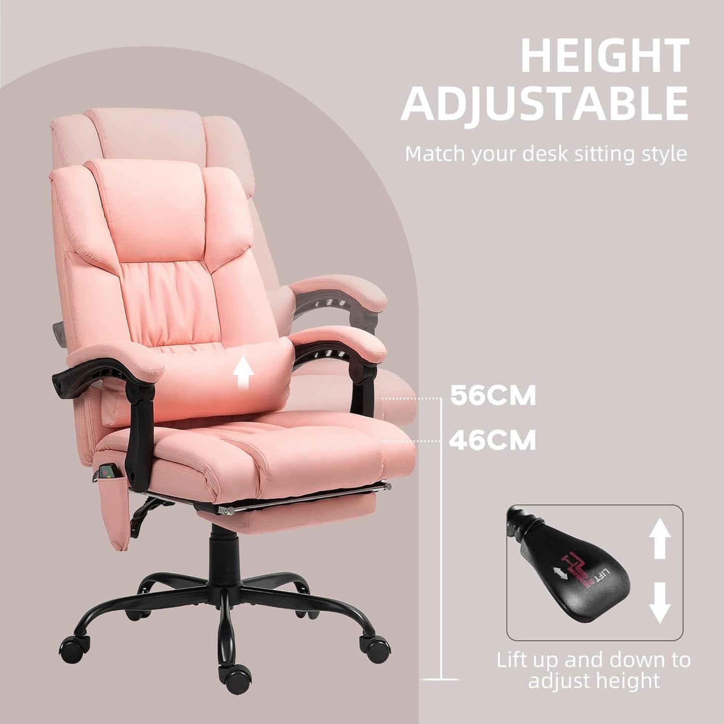 Pink Massage Office Chair With 6 Vibration Points Footrest