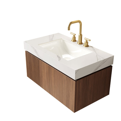 36' Bathroom Vanity with Sink, Floating Plywood Cabinet Carrara White Sintered Stone