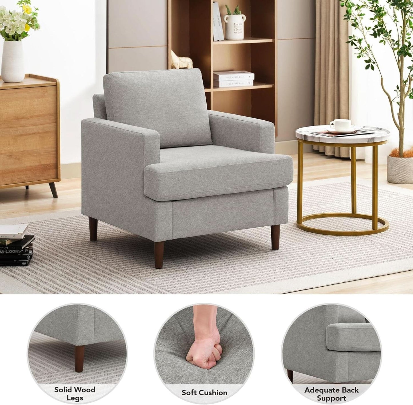 Mid Century Linen Grey Upholstered Accent Armchair