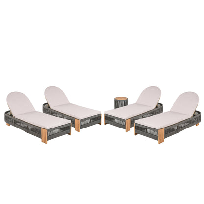 Outdoor Rope Lounge Set 4 Piece Acacia Wood Adjustable Backrest