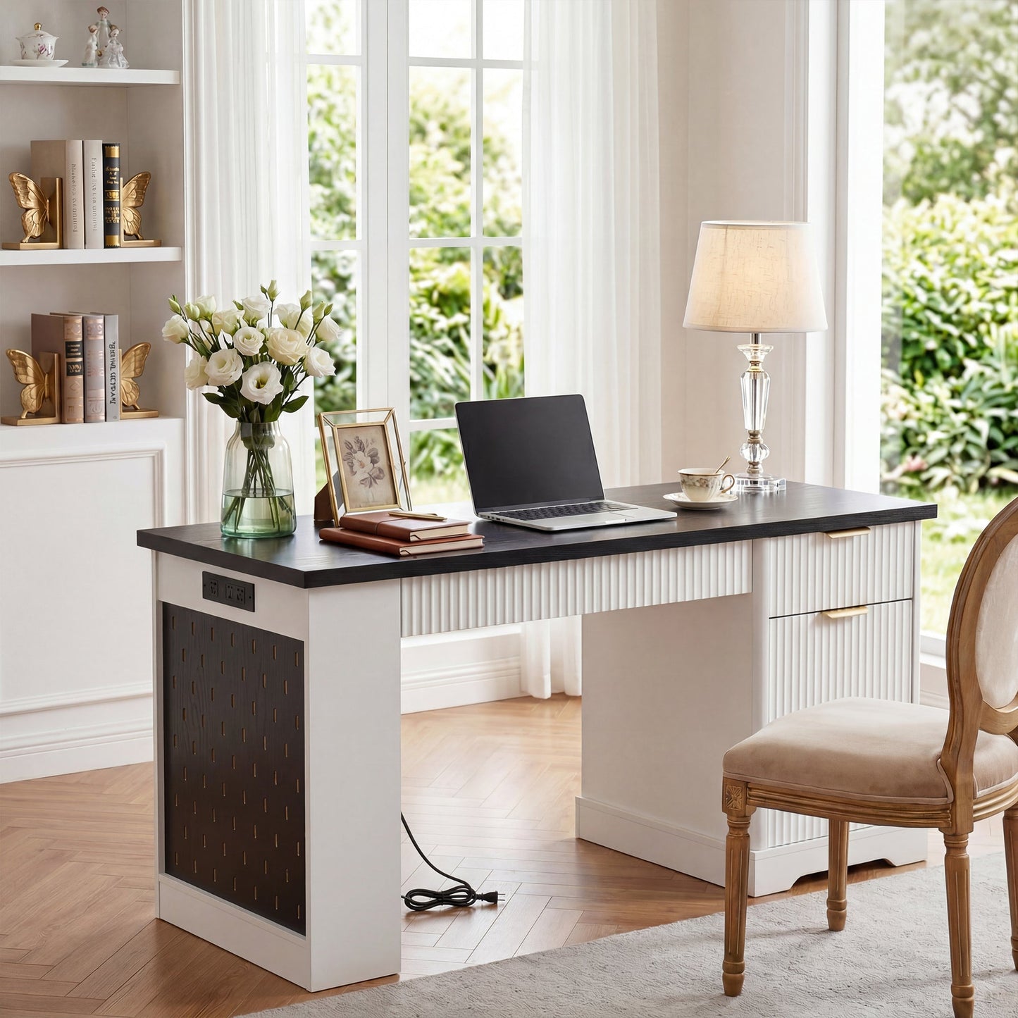 55' Modern Fluted Office Desk with Storage Cabinet and Drawers, Computer Writ...