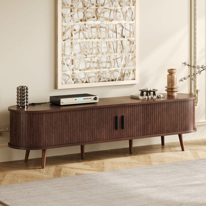 TV Stand Mid-Century Dark Brown MDF Tambour Door 2 AC 2 USB Fits 80 In TV