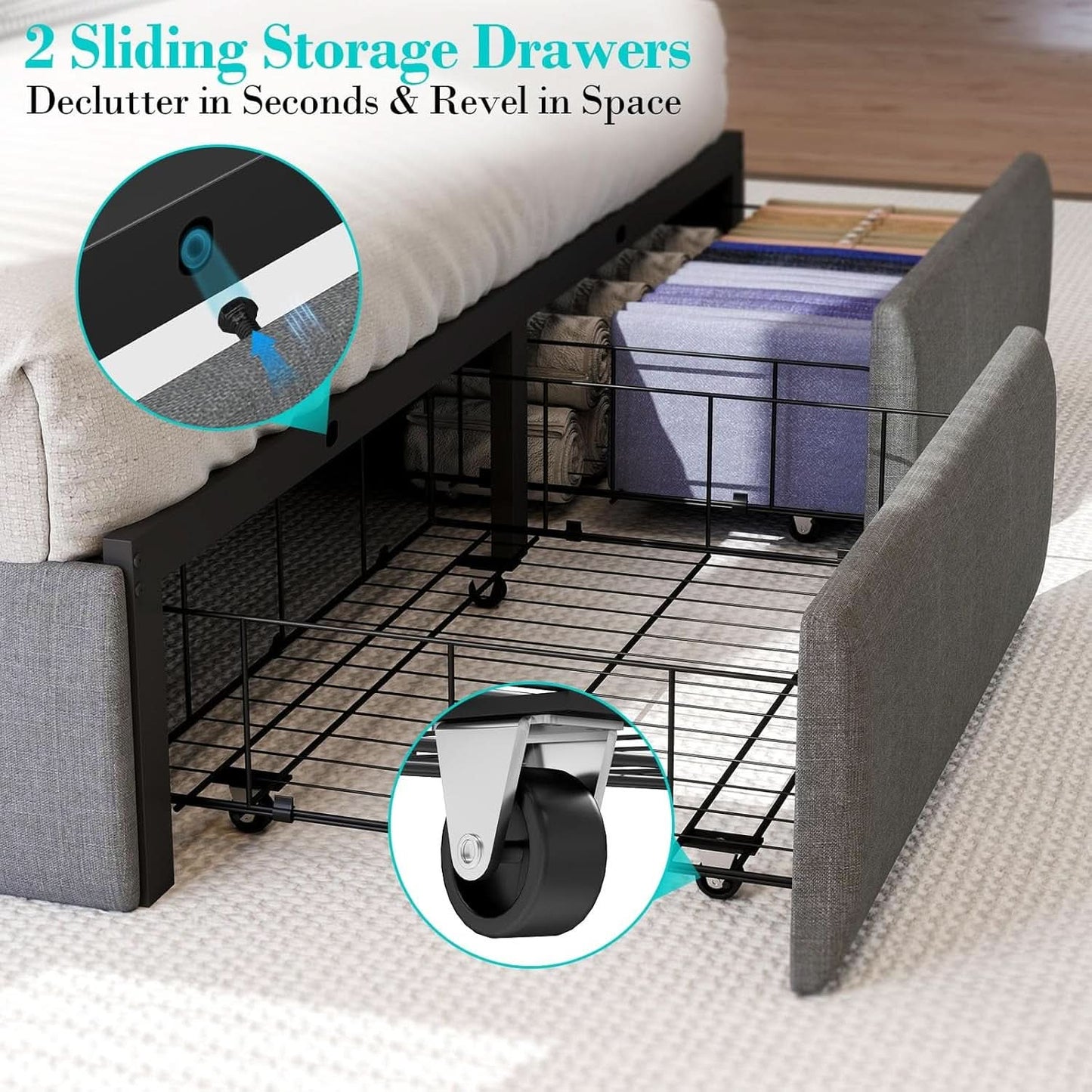 Queen Bed Frame With LED Lights And Storage Drawers