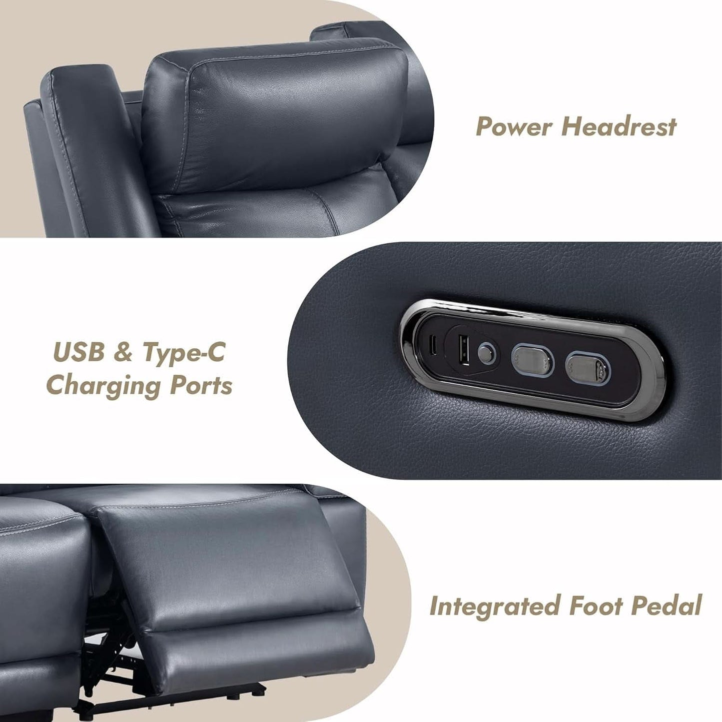 Navy Genuine Leather Power Recliner Sofa With USB Type C