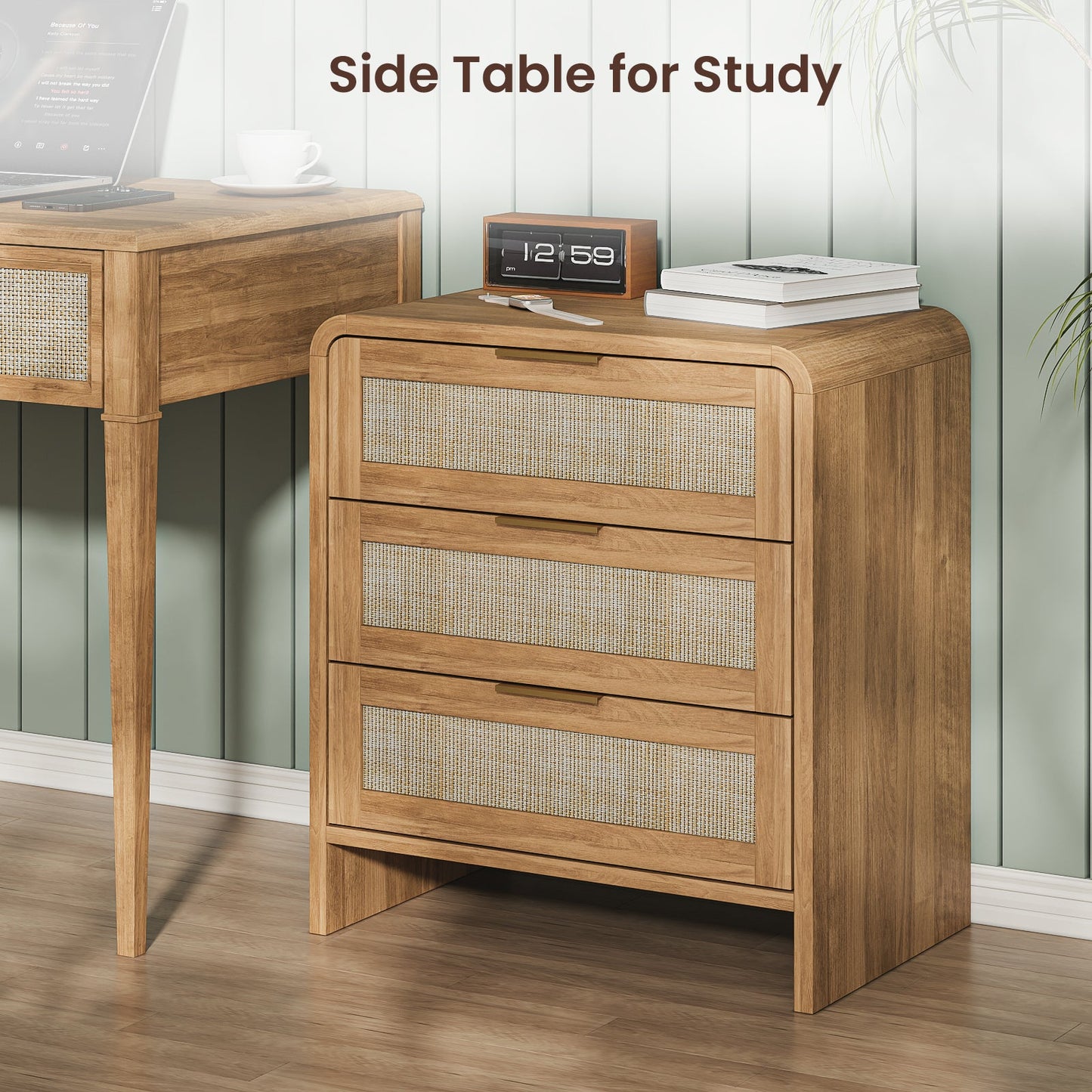 Rattan Nightstand with 3 Drawers, 22.8 in Wide, Curved Wood, Caramel Oak