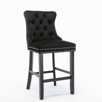 Contemporary Velvet Upholstered Barstools Button Tufted with Wood Legs, Set of 2, Black