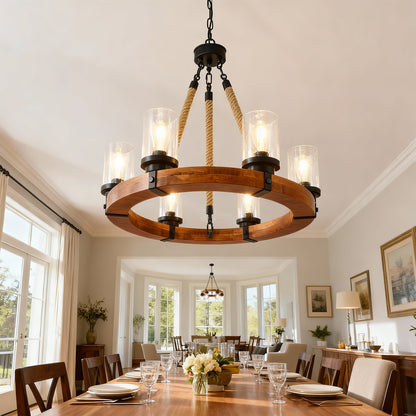 Chandelier Wood Round 6-Light Wagon Wheel Farmhouse Seeded Glass 23.62 In