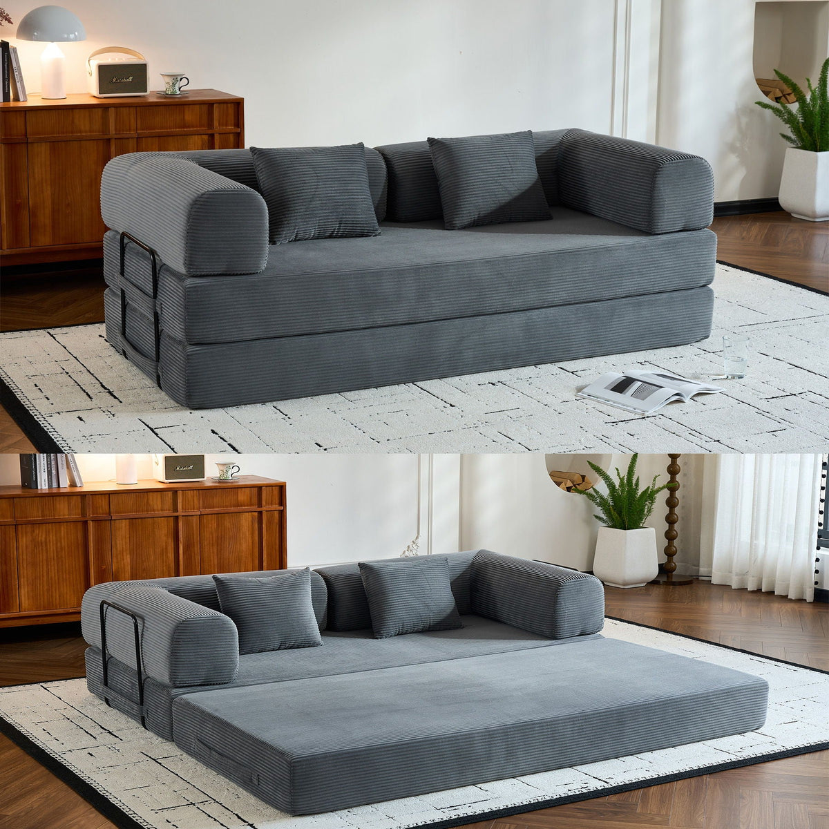 Convertible Sleeper Sofa Bed With Cylindrical Pillow, With Fixed Shape Frame