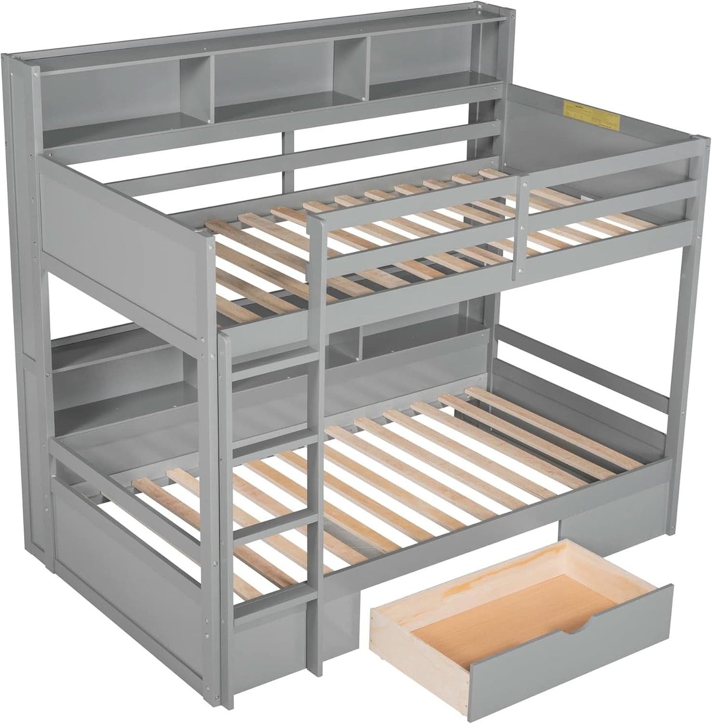 Twin Over Twin Bunk Bed Gray Storage Drawer And Shelves