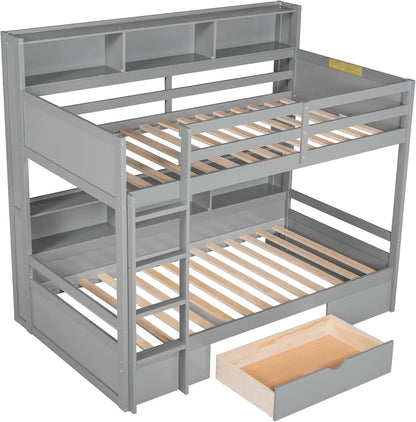 Twin Over Twin Bunk Bed Gray Storage Drawer And Shelves