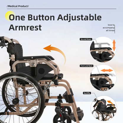 Wheelchair Manual Transport Folding Aluminum 18 In Seat 250 LB Gold Black