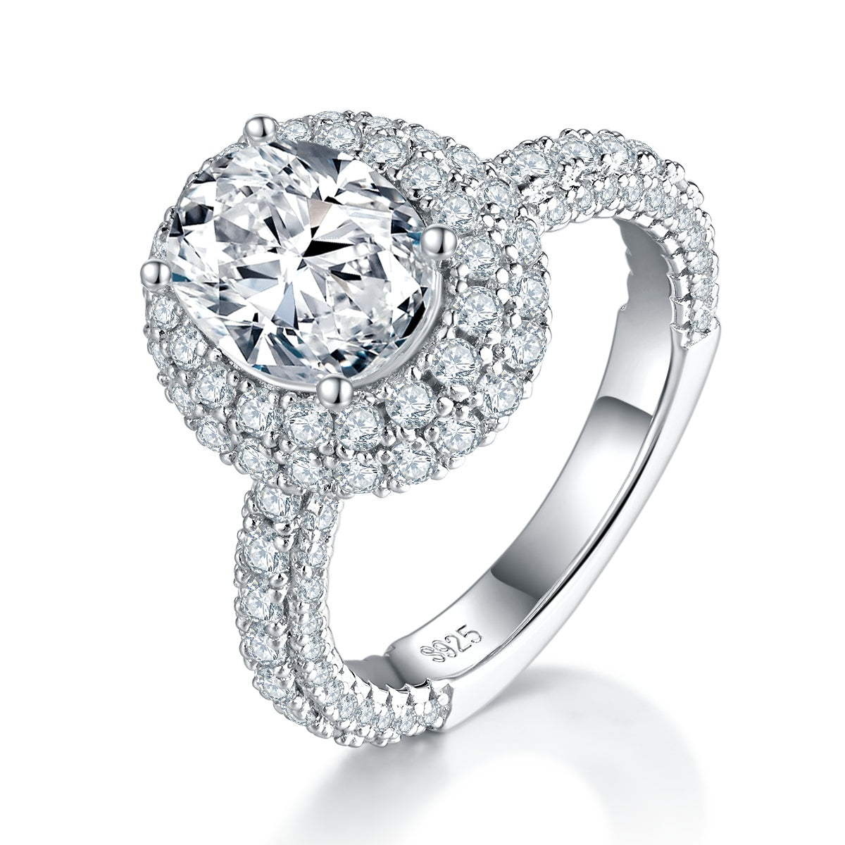 S925 Sterling Silver 2ct Oval Moissanite Ring, 7x9mm D-VVS1 Double Halo, Platinum Plated 5.3g US Sizes 5-9, GRA Certificate Gift Box