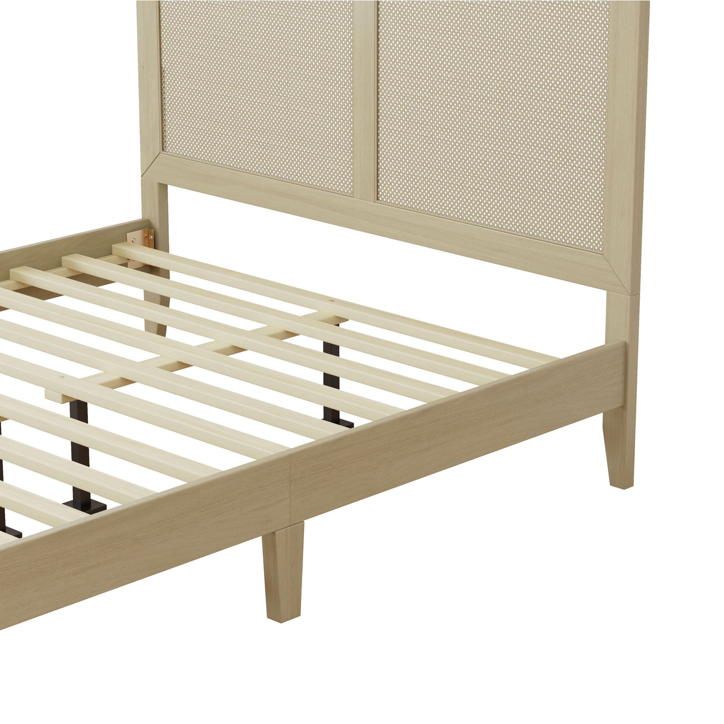Solid Wood Platform Queen Bed With Rattan