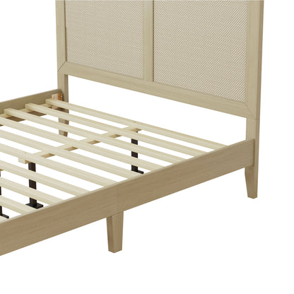 Solid Wood Platform Queen Bed With Rattan