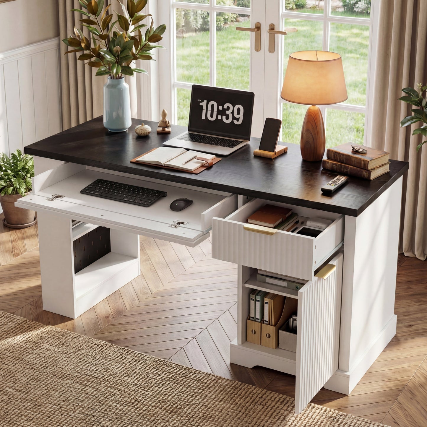 55' Modern Fluted Office Desk with Storage Cabinet and Drawers, Computer Writ...