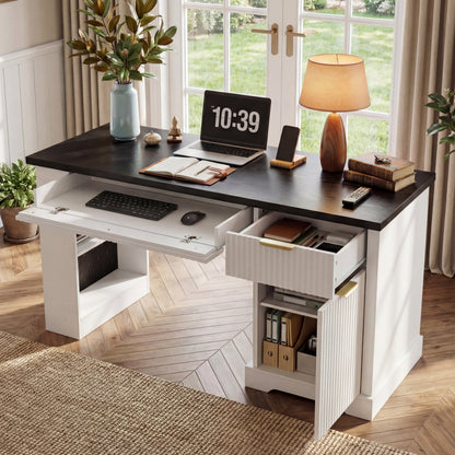 55' Modern Fluted Office Desk with Storage Cabinet and Drawers, Computer Writ...