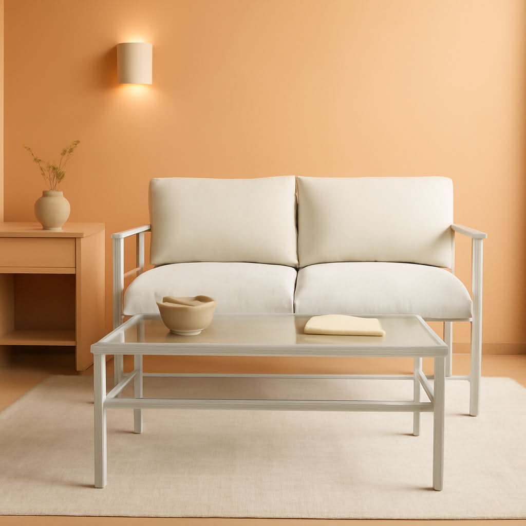 2 Piece Outdoor Coffee Table And Loveseat Set Gray Frame Creme Cushions
