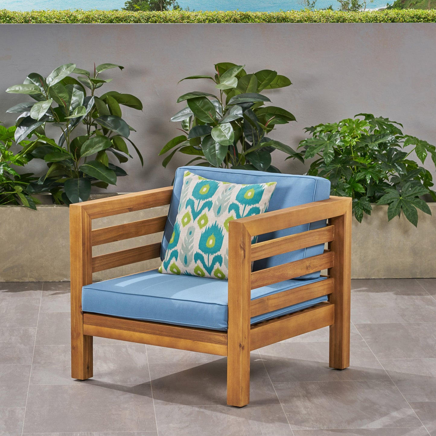 Outdoor Club Chair, Acacia Wood Patio Chair with Fabric Cushion, Teak Frame Blue Cushion