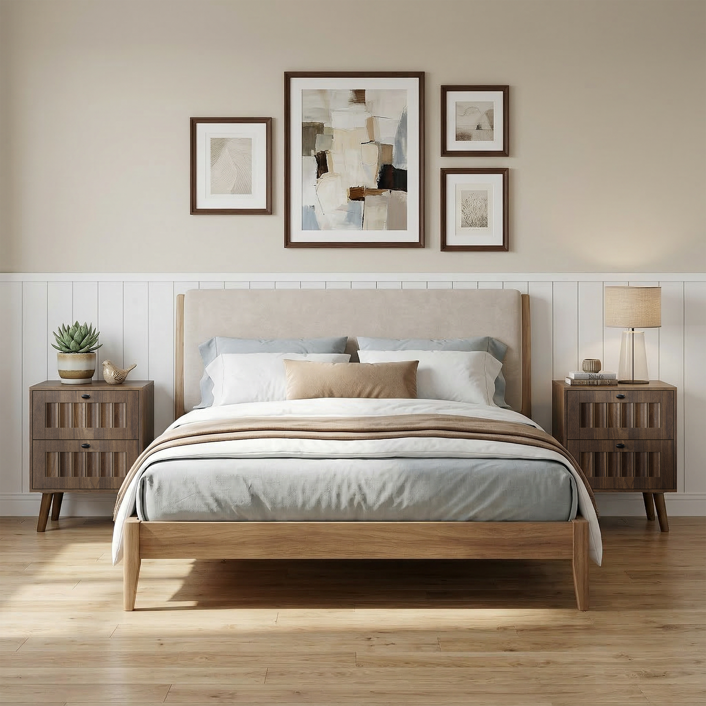 Double Drawer Bedside Table, Solid Wood Legs, Walnut, 15.75x15.75 in, 2-Pack