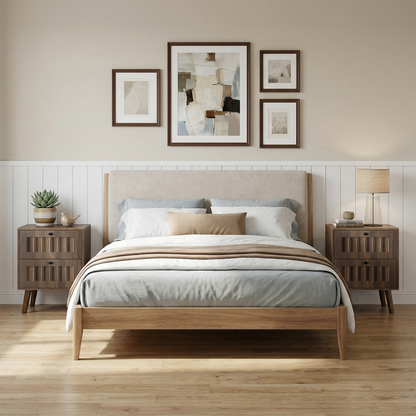 Double Drawer Bedside Table, Solid Wood Legs, Walnut, 15.75x15.75 in, 2-Pack
