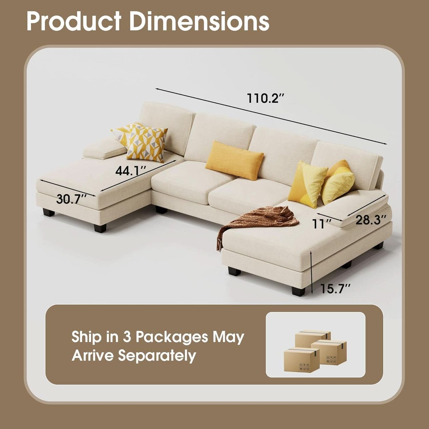 White Linen Sectional Sofa U Shaped 4 Seat Chaise Couch