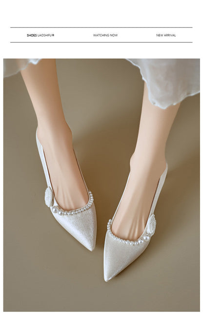 Women's Beige Pointed-Toe PU Pumps, 6-8 cm Thin Heel