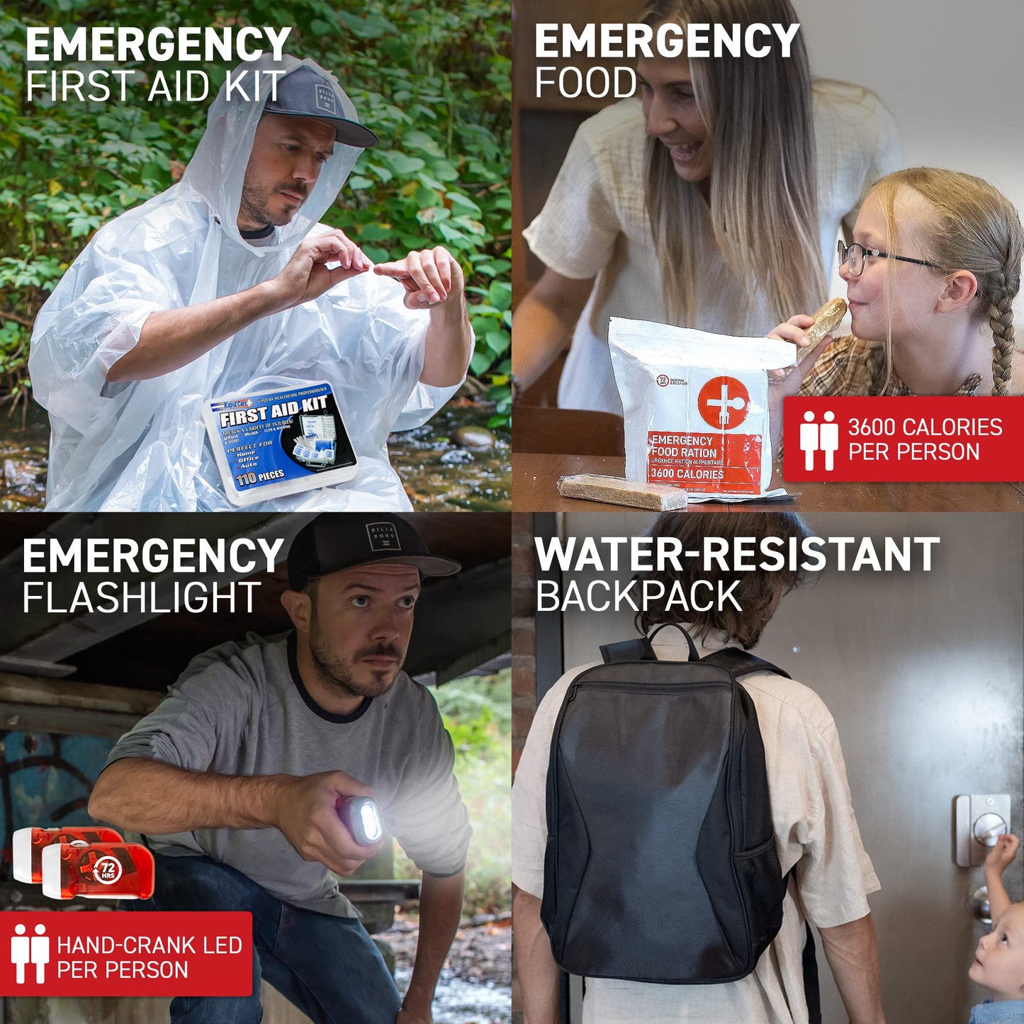 Earthquake Kit - 72 HRS Essential Emergency Survival Kit, Heavy Duty 72 Hour Bug Out Bag Survival Kit for Earthquake, Hurricane, Tsunami - Include Emergency First Aid Kit, Water, Food (Black 2P)