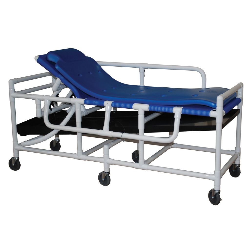 MJM International 910-HS Shower gurney with three position elevating headrest, close cell water proof foam pad, hard shell drain pan & drain hose, (6) 5" x 1 1/4" heavy duty casters, 450 lbs weight capacity