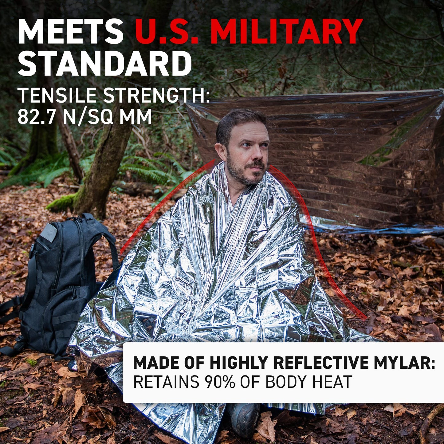 72 HRS Large Emergency Mylar Space Blankets 4-Pack, MIL-SPEC 54″ × 88″ Thermal Survival Foil – Retains 90% Body Heat, Waterproof Reflective Blanket for Camping, Hiking, Marathon, First Aid