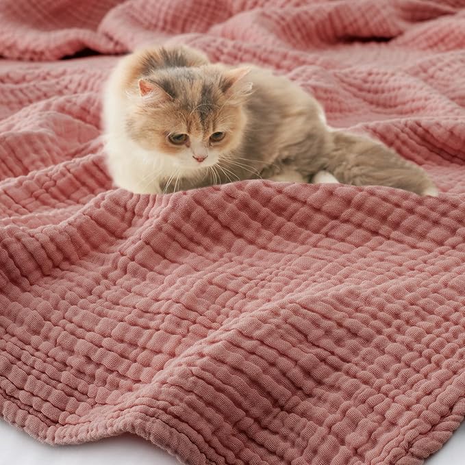 Carriediosa 100% Cotton Muslin Throw Blanket 90" X 90" Queen Size，4-Layers Summer Gauze Throws for Bed Couch，Soft Lightweight Breathable Linen Blankets Bedspread for Adults All Season，Mauve