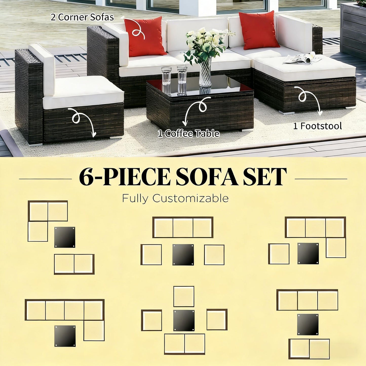 Outdoor Sectional Set PE Rattan Steel Brown Cream 6 Piece 395 LB