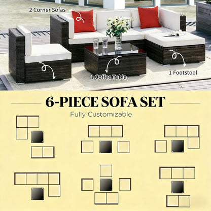 Outdoor Sectional Set PE Rattan Steel Brown Cream 6 Piece 395 LB