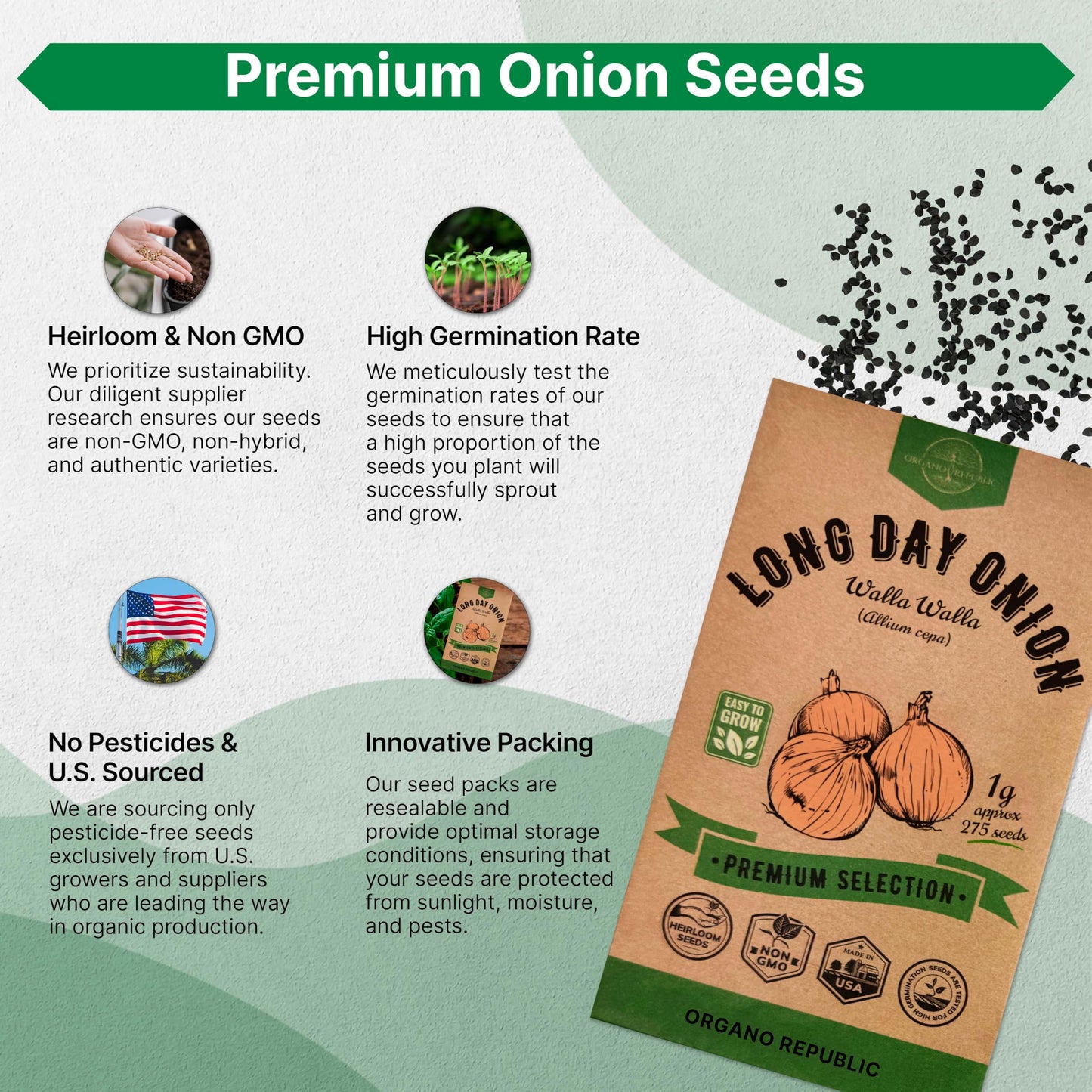 Onion Walla Walla Seeds Pack 1G - Over 275 Non-GMO Heirloom Onion Seeds for Planting Vegetables in Individual Seed Packet, Vegetable Seeds for Planting Home Garden Indoor & Outdoor Gardening