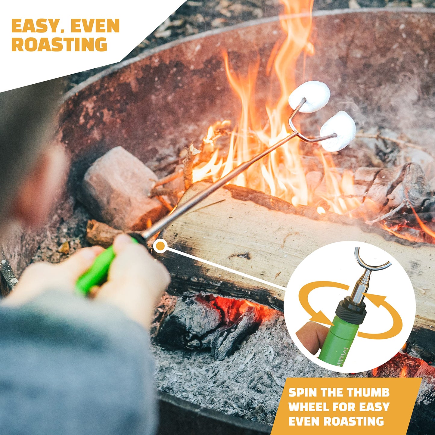 MalloMe Smores Sticks for Fire Pit -Rotating 34 inch Marshmallow Roasting Sticks Smores Kit Outdoor -Accessories for Campfire- Smore Skewers Hot Dog Fork, Camping Essentials Bonfire Gear Long (6 Pack)
