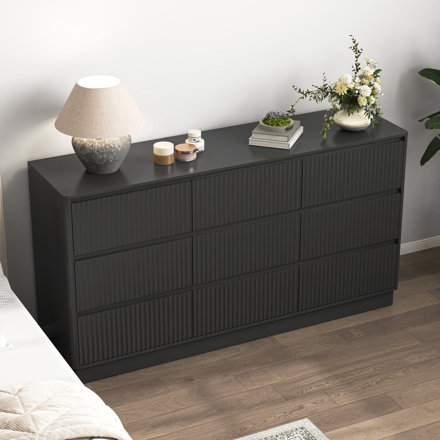 Mid-Century 9-Drawer Black Wave Dresser 59.1x15.7x31.6